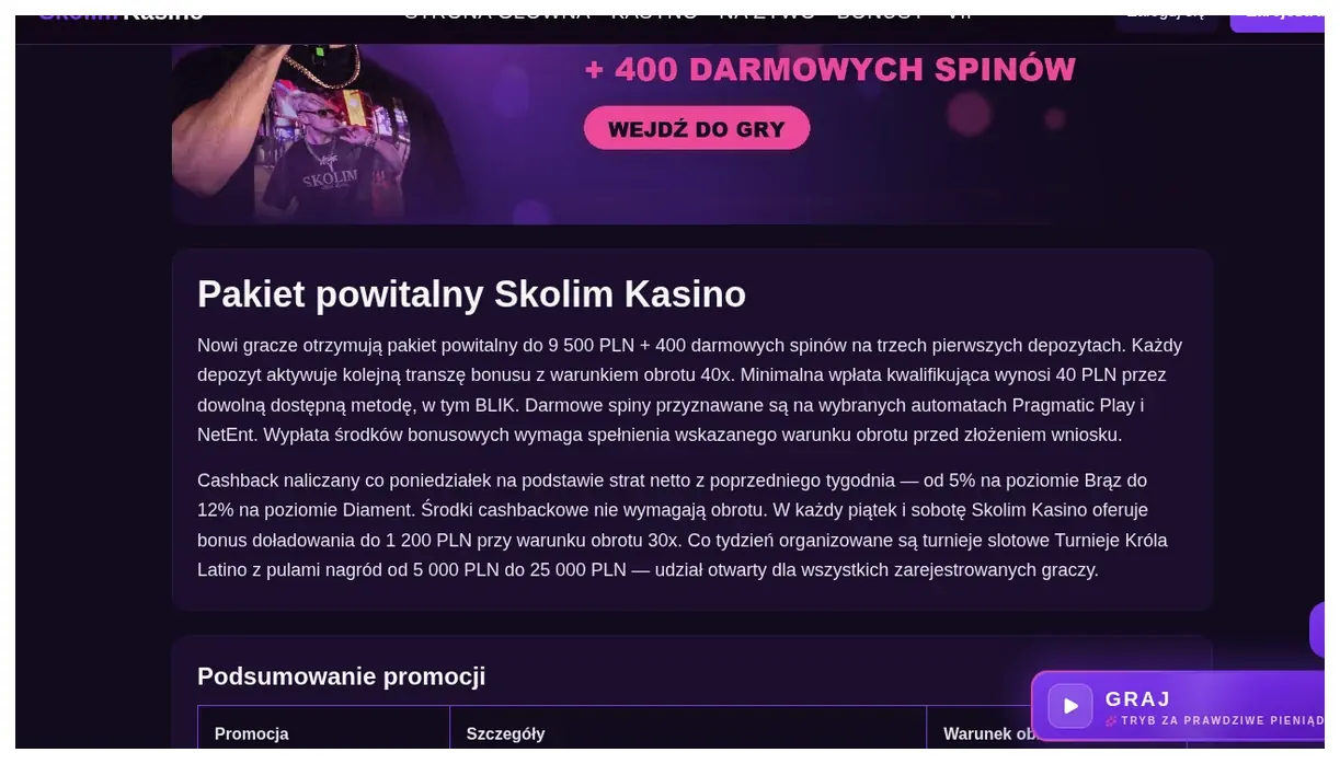 Strona promocji Skolim Kasino, baner oferty powitalnej "+ 400 DARMOWYCH SPINÓW", 23.10.2026