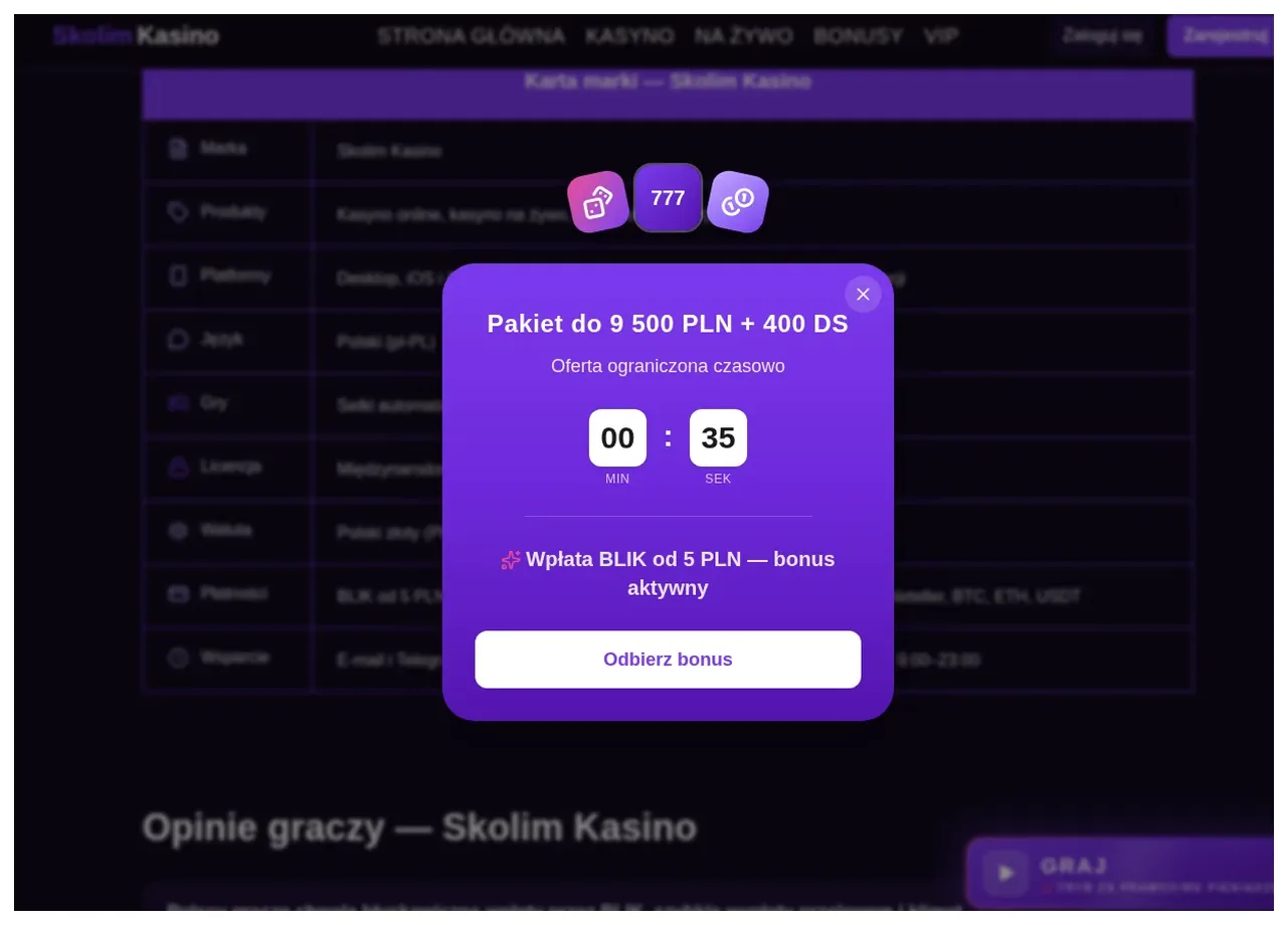 Zrzut ekranu strony Skolim Kasino, 12.10.2026